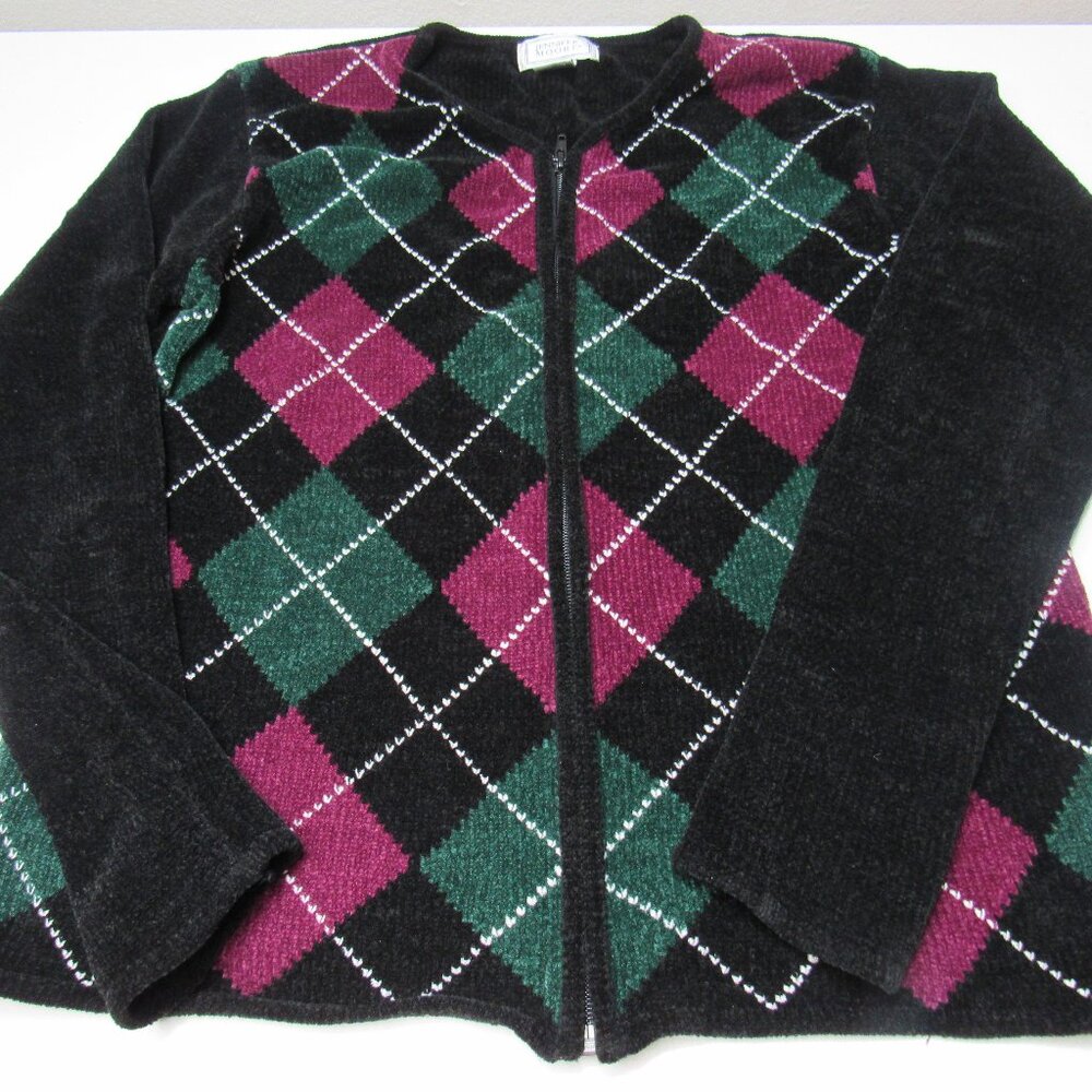 VTG JENNIFER MOORE Womens Cardigan Zippered Sweater Tweed Preppy Checker Black M